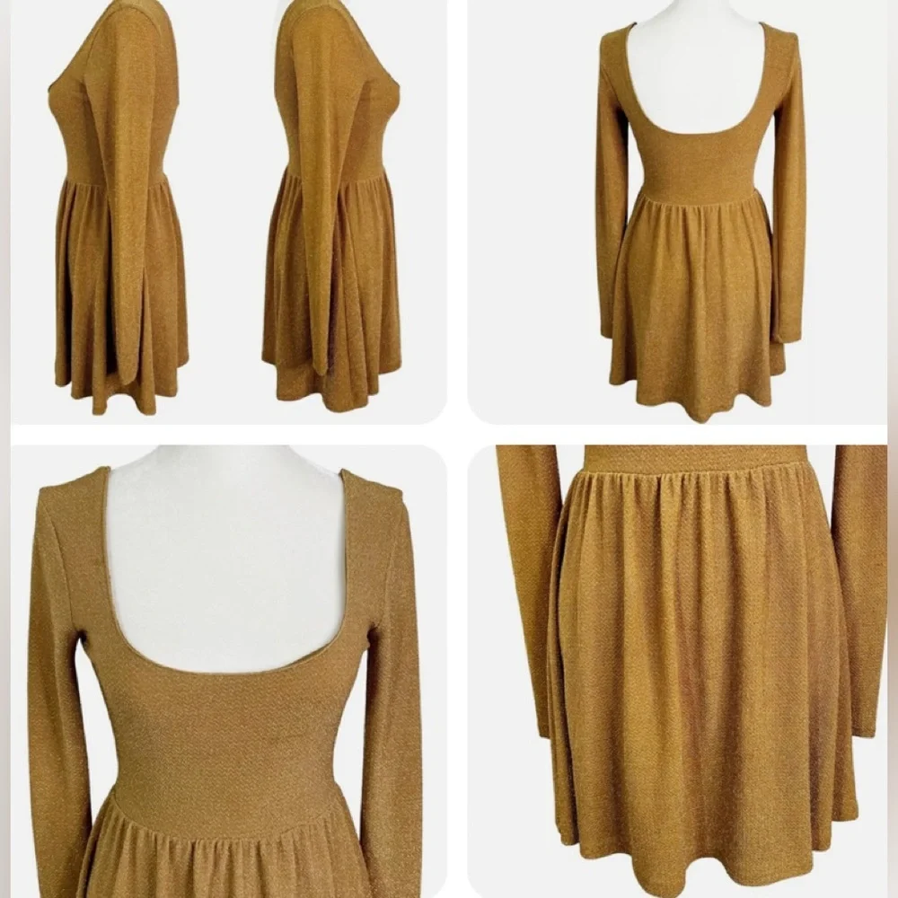 Free People Day & Night Gold Metallic Long Sleeve Babydoll Mini Dress Women’s S - Picture 3 of 12
